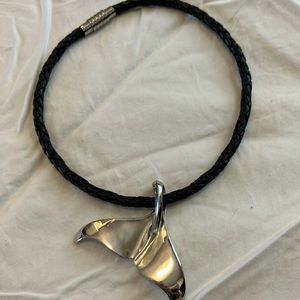Black leather 17.5” Silver Whale Tail  choker.